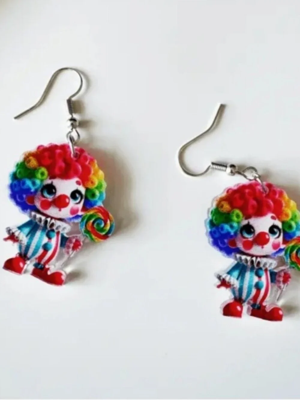 Rainbow Clown Dangle Earrings - Colorful Clown with Lollipop